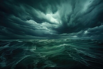 Dramatic view of dark storm clouds above the ocean. Suitable for weather or nature concepts - obrazy, fototapety, plakaty
