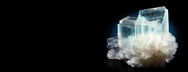 Halite is rare precious natural stone on black background. AI generated. Header banner mockup with space.