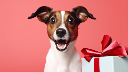 Portrait of shocked dog unexpected gift surprise disco - obrazy, fototapety, plakaty