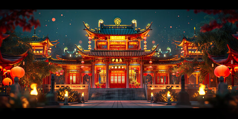Traditional Chinese Buddhist Temple illuminated