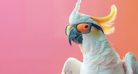 A white parrot wearing sunglasses and a beak. domestic pet bird in a solid pink pastel background. tropical summer vacation concept. web banner funny birthday party card invitation - obrazy, fototapety, plakaty