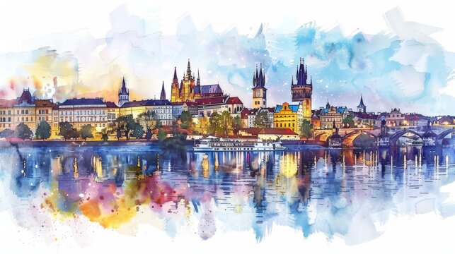 Watercolor illustration of European cityscape along river, panoramic urban landscape