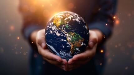 Woman Hands Holding Glowing Globe of Planet Earth - Environmental Protection Sustainability Concept Illustration