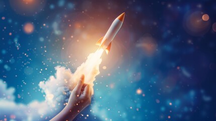 Obraz na płótnie Canvas Woman's hand launching space rocket, cosmic exploration concept, blurry blue background illustration