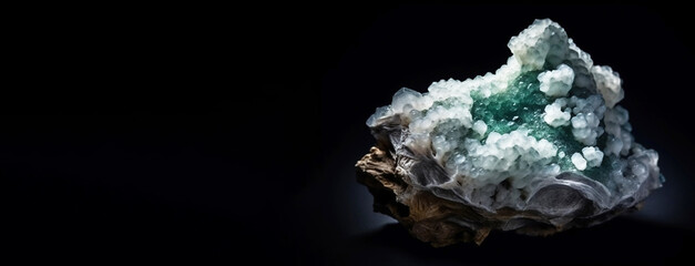 Jadarite is rare precious natural stone on black background. AI generated. Header banner mockup with space.
