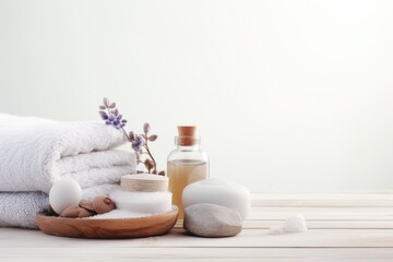 Obraz na płótnie Canvas A bottle of essential oils and white towels on a wooden table. Ideal for spa and wellness concepts
