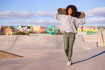 Skatepark, woman and summer for skate, recreation and fun outdoor for active and game for break or holiday. African person and happy for performing, trick and sports for wheel and action on mockup