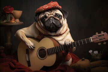 Cute pug dog playing guitar with a hat, perfect for pet and music themed designs