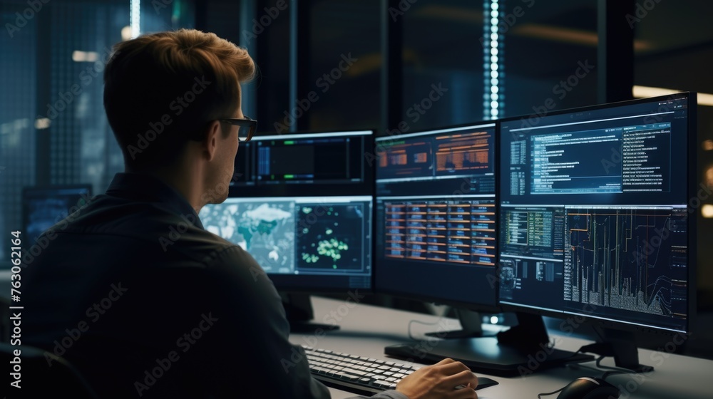 Poster A man sitting in front of two computer monitors. Suitable for technology concept