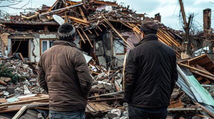 Two men standing in front of a pile of rubble. Suitable for construction or disaster recovery concepts