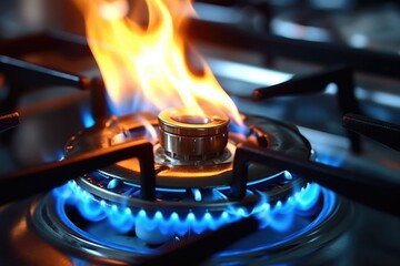 Close-up of a gas stove burner, suitable for kitchen or cooking concepts - obrazy, fototapety, plakaty