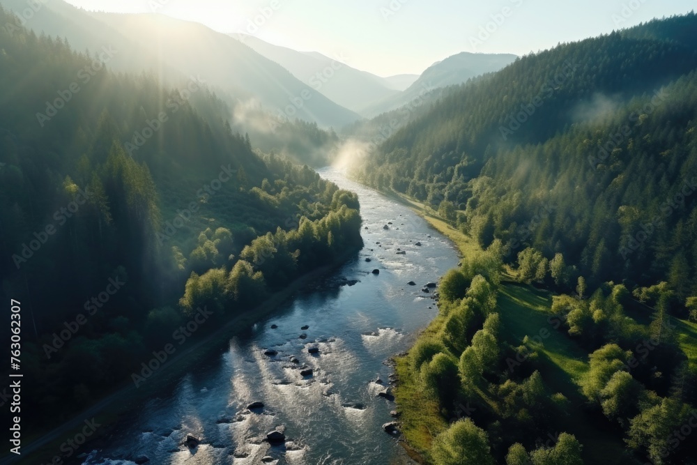Aufkleber a scenic view of a river running through a lush green forest. perfect for nature and travel concepts