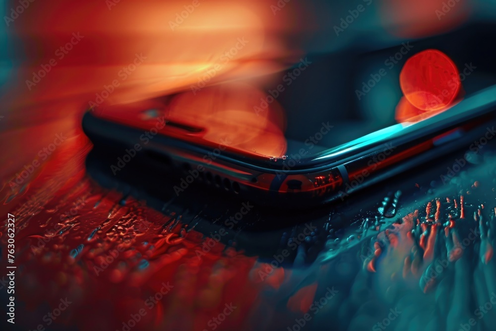 Poster A close up of a cell phone on a table. Suitable for technology concepts