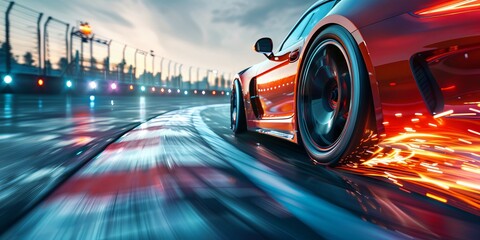 A red sports car is speeding down a wet track. Generative AI - obrazy, fototapety, plakaty
