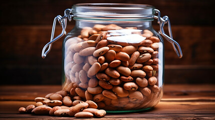 Raw pinto beans in glass jar on wooden background.  - obrazy, fototapety, plakaty