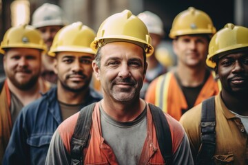 Group of men wearing hard hats and vests. Suitable for construction industry concepts - obrazy, fototapety, plakaty