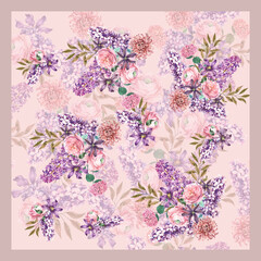 Fototapeta na wymiar Summer scarf pattern design with purple hyacinth flowers