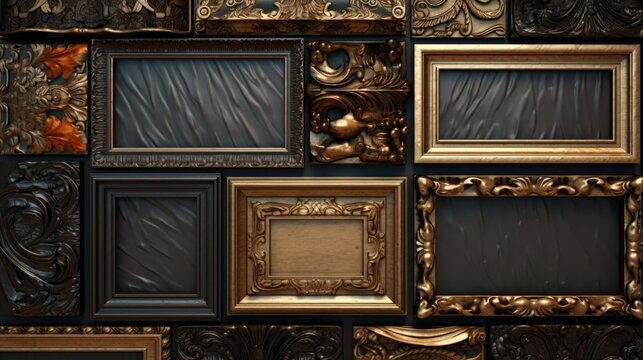Variety of frames displayed on a wall, suitable for interior design projects
