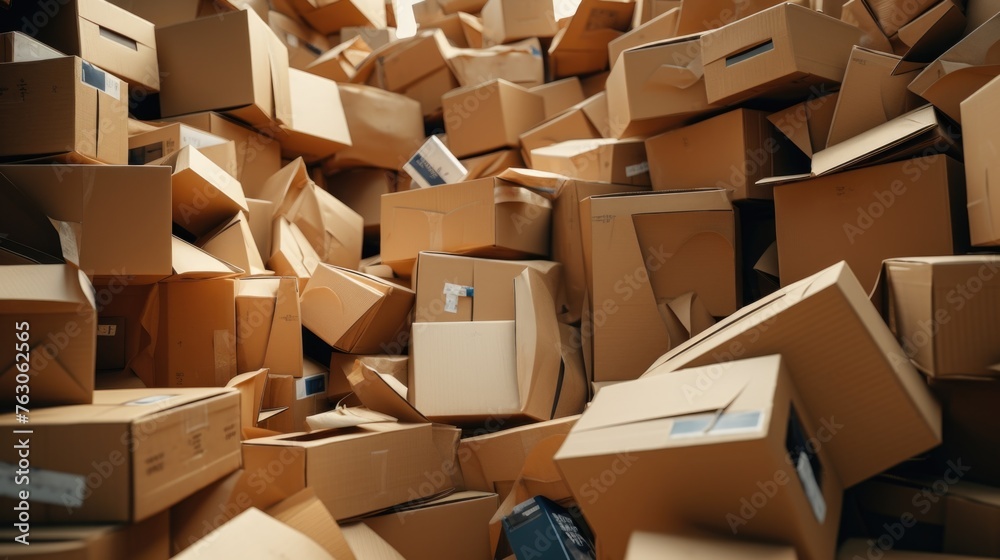 Poster A pile of cardboard boxes stacked on top of each other. Suitable for shipping and storage concepts
