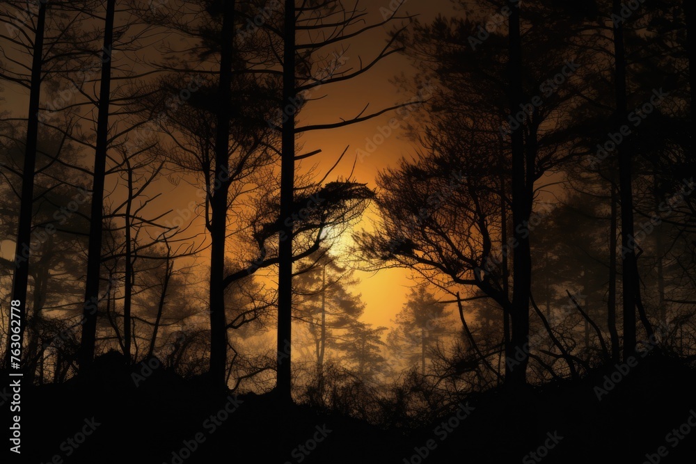 Poster sunlight filtering through dense forest trees, suitable for nature and environmental themes
