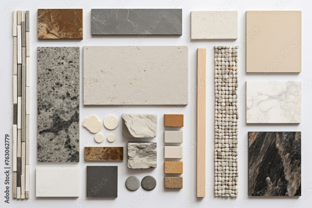 Poster Different types of tile displayed on a white surface, suitable for interior design projects