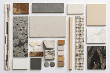 Different types of tile displayed on a white surface, suitable for interior design projects