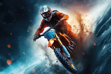 Person riding a dirt bike on snowy surface. Suitable for winter sports concepts