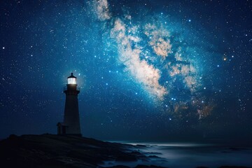 A picturesque lighthouse standing on a rocky shore under a starry night sky. Ideal for travel or maritime concepts - Powered by Adobe