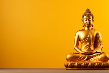 Buddha statue on golden background and copy space - generative ai