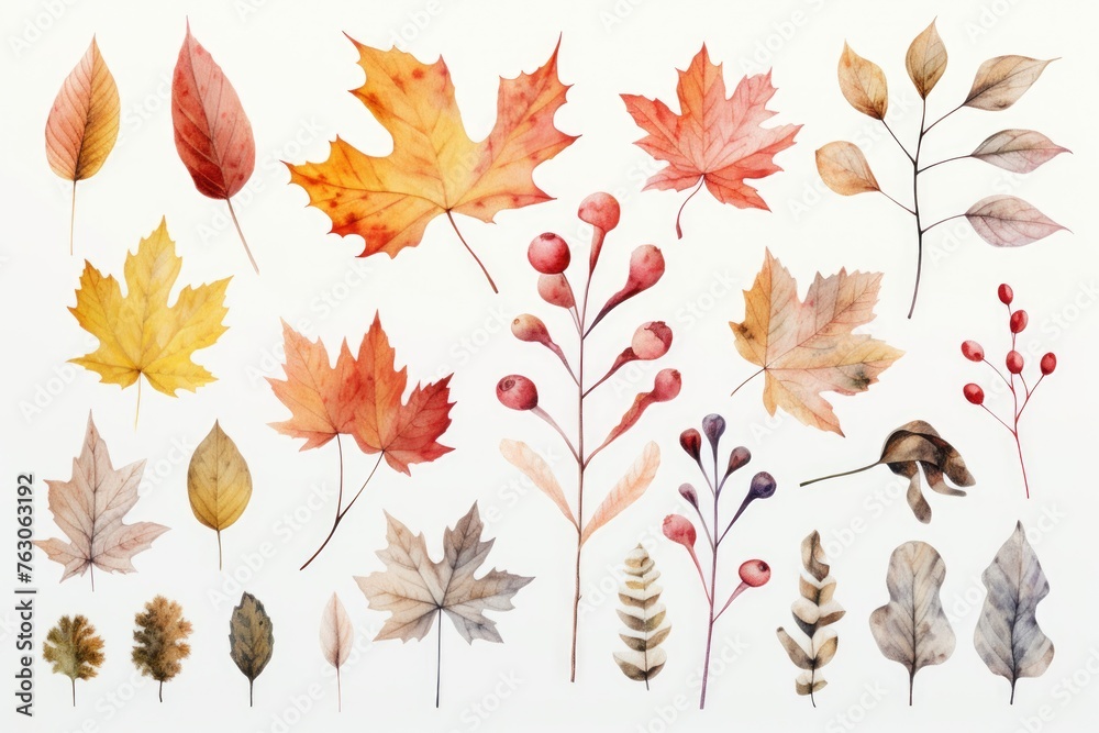 Poster a collection of leaves and berries on a clean white background. suitable for various design projects
