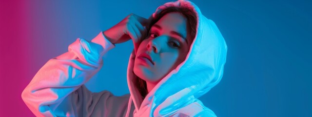 Profile view of young beautiful girl in hoodie posing isolated on gradient blue-pink background in neon.
