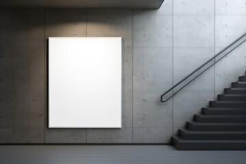 Spacious and modern gallery interior with a single blank canvas on the wall near a staircase.