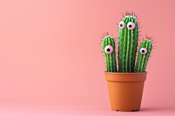 Green cactus plant with google eyes on a pink background.