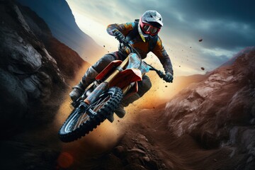 A person riding a dirt bike on a dirt road, perfect for outdoor and adventure concepts - obrazy, fototapety, plakaty