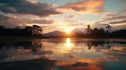Fototapeta na wymiar Scenic view of sunset reflecting on water surface, perfect for travel brochures or relaxation themes