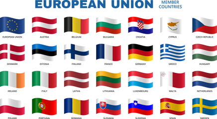 European Union countries wave flags. Vector and PNG on transparent background.