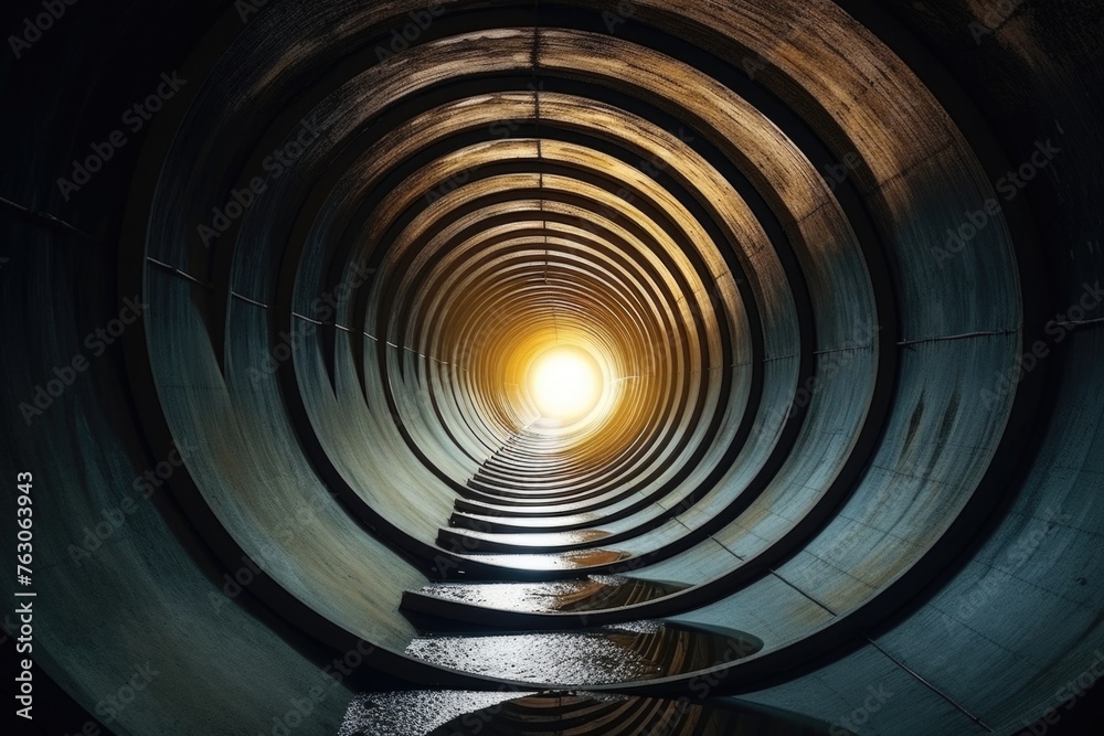Poster a dark tunnel with a faint light at the end, suitable for concepts of hope and overcoming obstacles