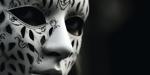 Detailed close-up of a white mask with intricate black designs. Perfect for Halloween or masquerade...