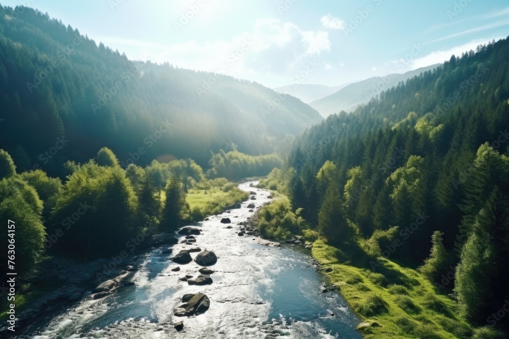 Aufkleber a scenic view of a river running through a lush green forest. ideal for nature and landscape concept
