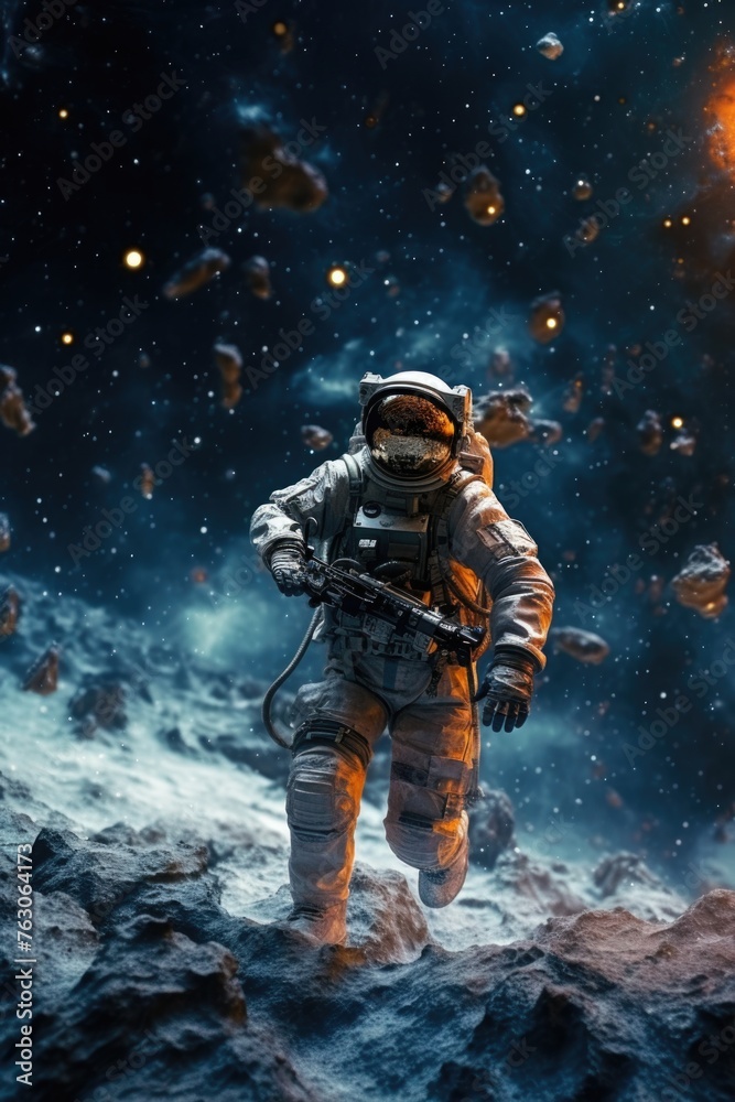 Aufkleber an astronaut in a space suit walking on a rocky surface. suitable for science fiction or space explo