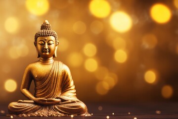 Obraz premium Buddha statue on golden background and copy space - generative ai