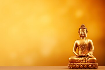 Buddha statue on golden background and copy space - generative ai