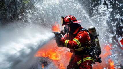 A brave firefighter with safety suit fighting with fire flame in an emergency situation. Firefighter extinguishing a fire by spraying water with the hose. Bucle.