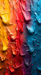 Colorful paint and water droplets on the surface of yellow, red and blue color of paints with texture;  Abstract background; Mobile phone wallpaper