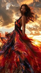 A captivating image featuring a model in a summer dress that seems to be painted with broad, abstract strokes of watercolors. - obrazy, fototapety, plakaty
