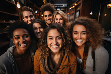 A group of smiling students of different nationalities. - obrazy, fototapety, plakaty