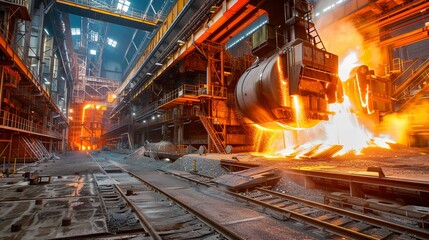 A modern steel mill with glowing furnaces and molten metal, showcasing the steel industry's power and energy