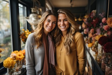 Portrait of two girls in a flower shop. Portrait of mother and daughter on women's day. - obrazy, fototapety, plakaty