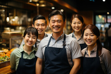 A team of Asian chefs in work black aprons.