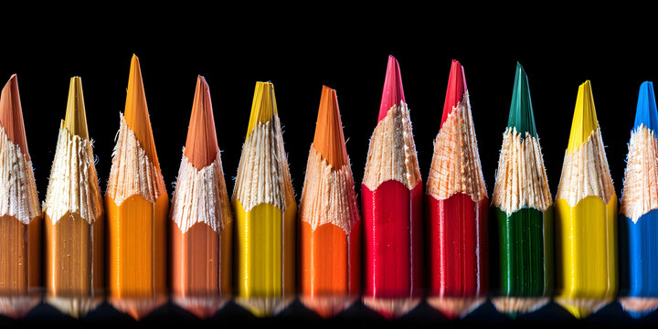  Ordinary colored wooden pencil with soft lead of different colors for drawing and creativity, closeup of pencils after sharpening and using, pencil made of natural materials safe for children
   